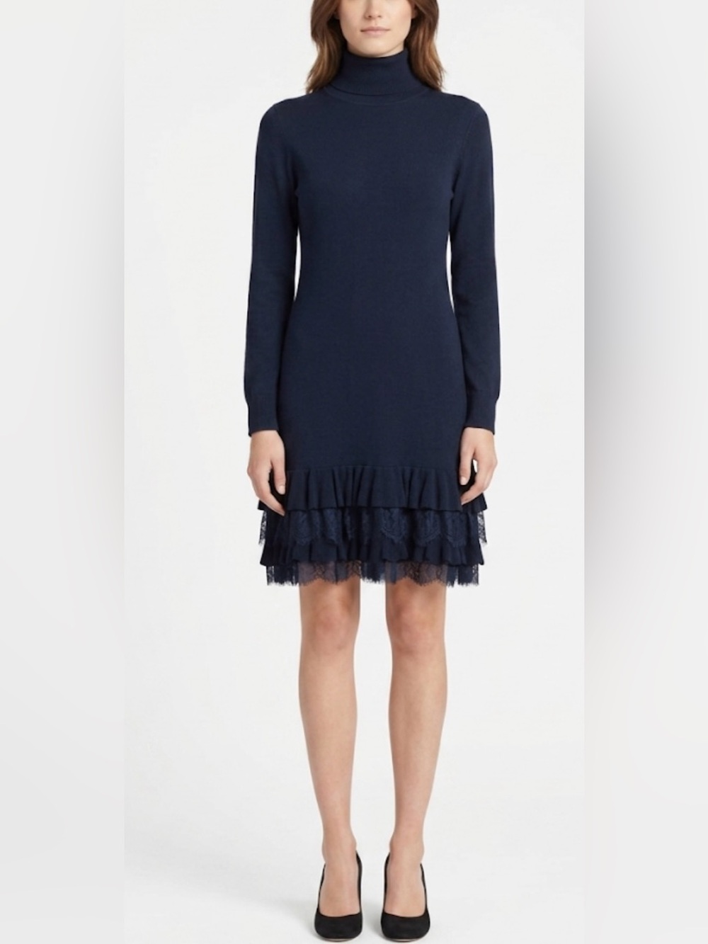 Venus Women's Navy Blue Turtleneck Sweater Dress with Lace Hem Size M